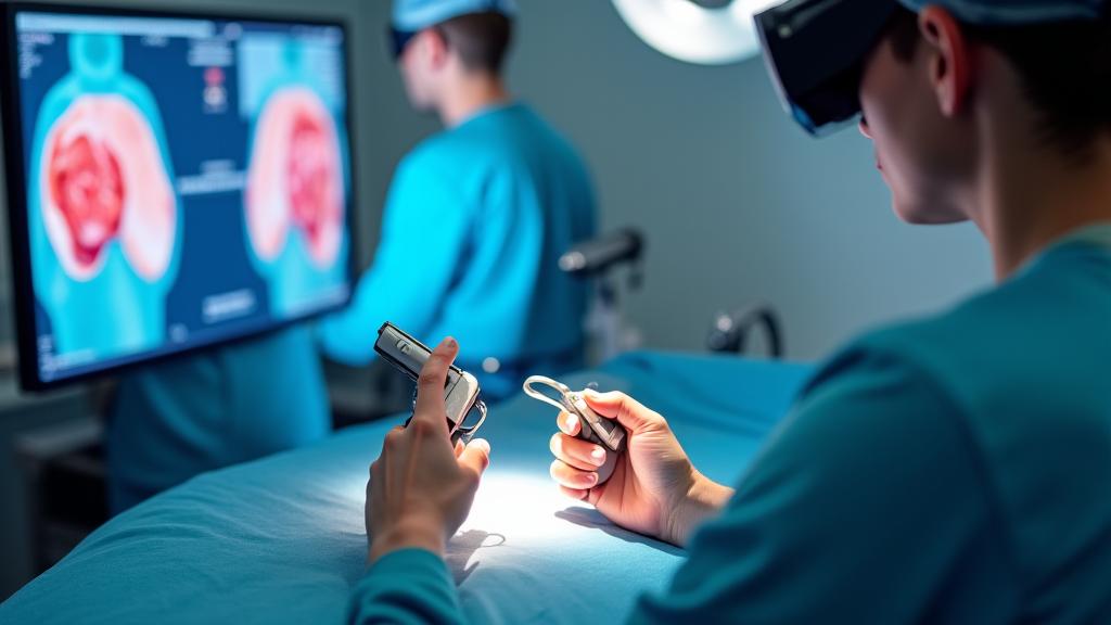Chirurg führt eine simulierte Operation mit haptischen Controllern durch